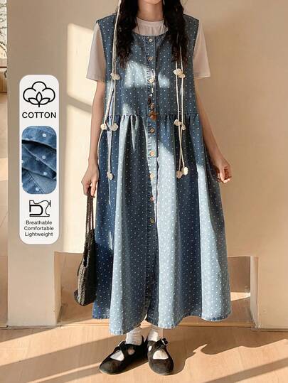 FRIFUL 女士休闲波点印花纽扣牛仔连衣裙，夏季