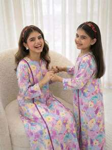 Tween Girls Elegant Floral Print Dress - Purple - View 3