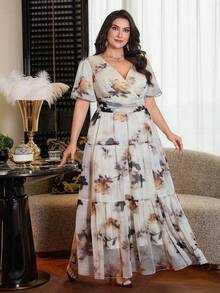 Modelyn Plus Size Women V-Neck Floral Print Ruched Waist Elegant Party Dress - Apricot - View 6