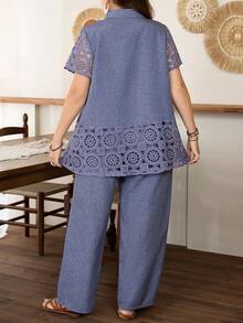 Lacomfia Ensemble 2 pièces grande taille couleur unie manches courtes patchwork dentelle décontracté femme été - Bleu azur - Voir 2