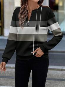 EMERY ROSE Sudadera de cuello redondo a rayas para mujer con media cremallera delantera - Multicolor - Ver 3