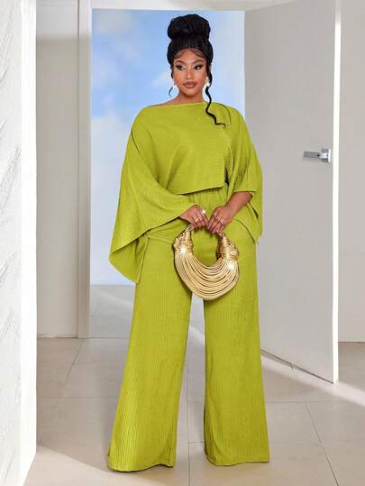 Maweii Plus Size Women Casual Vacation Asymmetric Collar Cape Top Paired With Straight Leg Knit Pants 2 Pieces Set