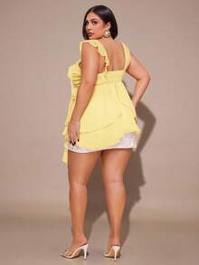 SHEIN BAE Plus Size Women Solid Color Sweetheart Collar Asymmetrical Ruffle Hem Camisole Top - Yellow - View 3