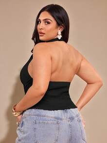 SHEIN BAE Blusa asimétrica con cuello halter y drapeado en talla grande para mujer - Negro - Ver 3