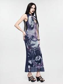 ROMWE Avant Spring/SummergraphicDark Y2K Millennium Retro New Chinese Style Shanhaijing Mesh Print Dress - Multicolor - View 8