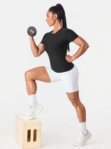SHEIN Sports 女士时尚弹力圆领短袖紧身卫衣 - 黑色 - 查看 7