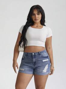 SHEIN CURVE+ Shorts vaqueros informales con bolsillos y dobladillo, talla grande, con efecto desgastado, adecuados para uso diario y actividades al aire libre - Lavado ligero - Ver 7