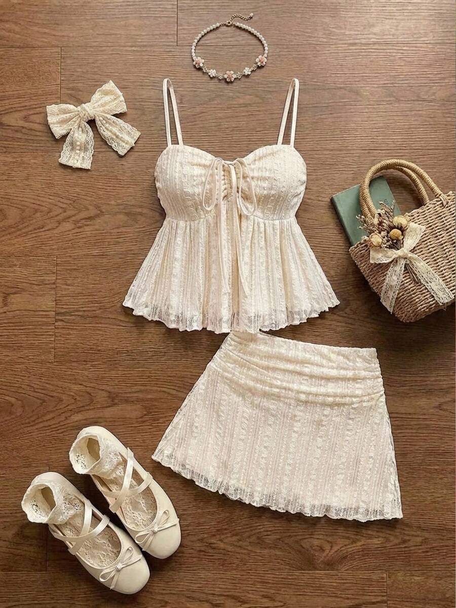 SHEIN MOD Bộ đồ 2 mảnh dành cho nữ mùa hè, màu trơn, chất liệu vải dệt, có dây rút phía trước, gồm áo hai dây và chân váy. - Màu be - Xem 1