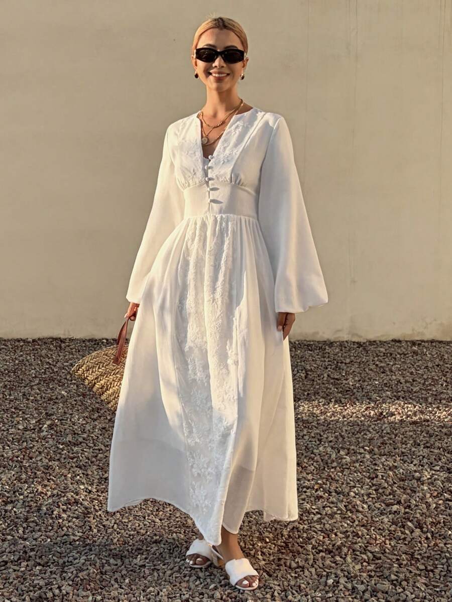 Livesso Spring Long Sleeve V-Neck Waist Cinched Casual Elegant White Midi Dress For Bridesmaids, Wedding Guests, Vacation Sundress - Beige - View 1