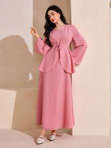 Graceveil Bộ đồ 2 mảnh thanh lịch dành cho nữ: Áo không tay màu trơn thắt eo, vạt áo bất đối xứng và váy xòe. - Hồng - Xem 9