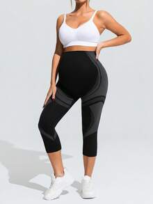SHEIN Maternity Stylish Elastic Striped Patchwork High Waist 7/8 Leggings - Black and White - View 6