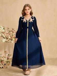Elegante abito in chiffon con scollo a V e fili d'oro, manica lunga, adatto per matrimoni, gala, compleanni, feste e cerimonie per ragazze pre-adolescenti - Blu Navy - Visualizzare 3