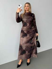 Auralis Plus Size Elegant Tie Dye Waist Cinched Long Sleeve Dress, Autumn Long Sleeve Elegant Dress Brown Elegant Dress Women Assymetrical Dress For Women Wedding Dress For Women - Brown - View 2