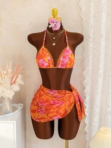 Swim Vcay Bộ đồ 3 món dành cho nữ mùa xuân/hè, thích hợp cho lễ hội âm nhạc bãi biển, gồm áo cổ yếm hở lưng, chân váy và bikini. - Nhiều màu - Xem 6