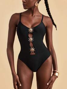 Travachic 女士纯色金属太阳装饰镂空性感吊带连体泳衣 - 黑色 - 查看 8