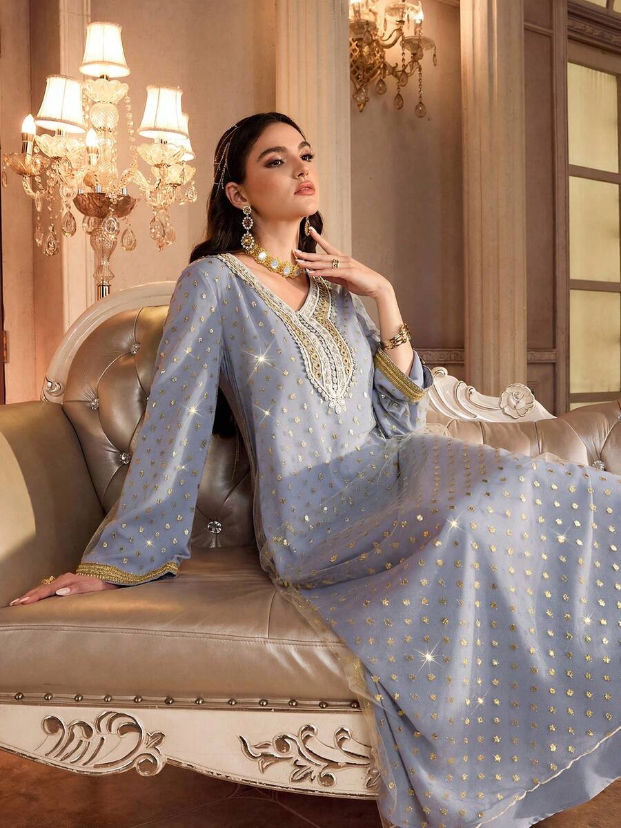 Al Najma Women's Elegant V-Neck Long Sleeve Foil Polka Dot Arabic Style Dress Formal Elegant Party Uxury Evening Dresses Wedding Party Dress - Blue - View 1