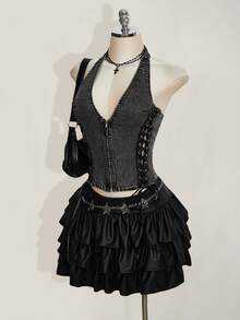 SHEIN ICON Y2k 女士复古哥特风性感露背夜店 Coachella 时尚休闲侧系带拉链前开襟吊带无袖上衣，夏季 - 灰色 - 查看 5