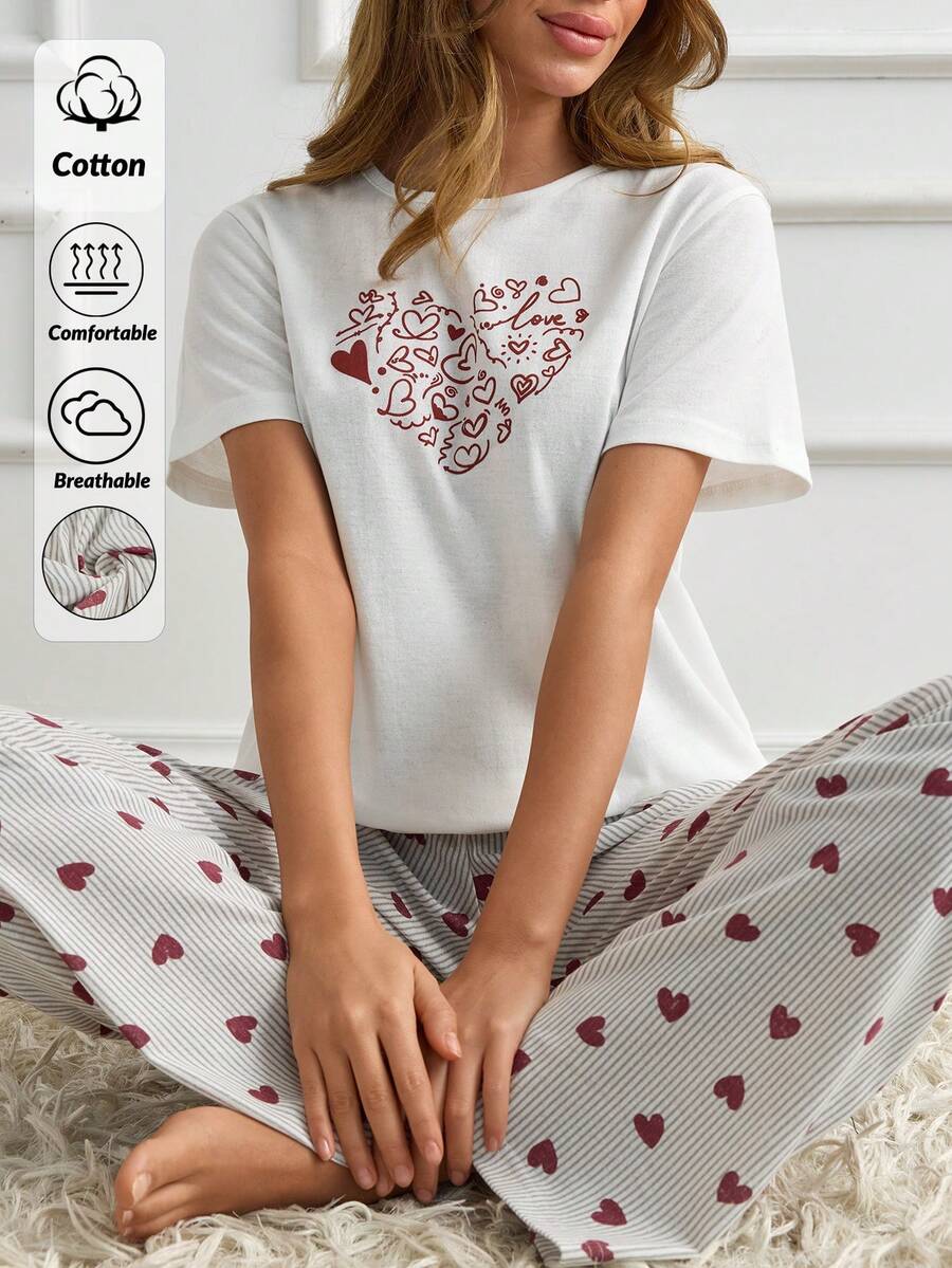 SHEIN Bộ đồ ngủ 2 món Cotton Line dành cho nữ, in hình trái tim, nhiều màu sắc, kiểu dáng thường ngày, tay ngắn, cổ tròn và quần dài. - Nhiều màu - Xem 1