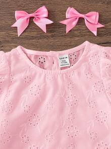 Emery Rose Kids Emery Rose Kids 女婴休闲简约舒适圆领泡泡袖镂空刺绣上衣，适合日常穿着和开学季，粉色女婴夏季衬衫 - 粉色 - 查看 6