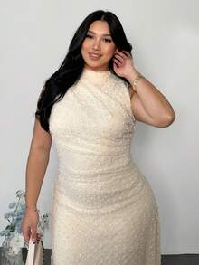 Firerie Đầm không tay dáng rộng, xếp ly, thanh lịch và lãng mạn, thích hợp cho hẹn hò, tiệc trà, lễ tốt nghiệp, mặc hàng ngày, chất liệu co giãn, xếp ly dành cho nữ. - Màu be - Xem 5