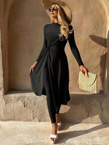 Swim Mulvari 26SS 黑色扭结长款半身裙式比基尼，优雅海滩度假装，春夏款 - 黑色 - 查看 1