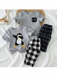 Loomiva 4er Set für Baby Jungen: Dekorierte Tasche, Rundhals Kurzarmoberteil und Hose mit Gummibund - Verschiedenfarbig - Übersicht 6