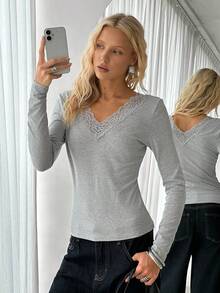 TRNVIE 1pc Women's Simple V-Neck Lace Patchwork Long Sleeve Tight Fitted T-Shirt, White, Versatile Christmas & Winter Wear For Spring 2000s Style Tight Tops - Light Grey - View 7