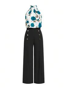Ellevyn Plus Size Women's Elegant Floral Print Halter Top And Wide Leg Pants 2-Piece Set, Suitable For Vacation, Work, And Commute, Spring/Summer, Summer Outfits - Black - View 7