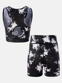 SHEIN Tween Girls Tie Dye Print Hollow Back Cami & Biker Shorts 2-Piece Set, Suitable For Yoga, Sports Day, Back To School - Black - View 10