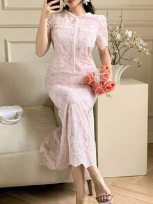 DAZY 2pcs/Set Women Casual Round Neck Short Sleeve Cardigan Top And Long Skirt, Elegant Lady Outfit Vacation - Pink - View 5