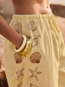 Poéselle 女士休闲度假贝壳印花抽绳腰长裤，夏季 - 黃色 - 查看 7