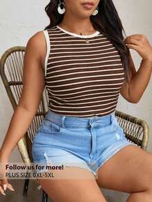 Elaquor Plus Size Women Casual Versatile Round Neck Striped Fitted Tank Top - Coffee Brown - View 1