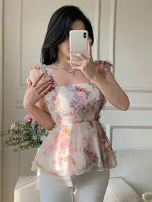 Celisse 女士印花荷叶边露肩休闲百搭日常短袖衬衫 - 米色 - 查看 4