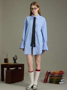 Elnivra Blusa holgada de manga larga con cuello de contraste y pliegues - Azul - Ver 7