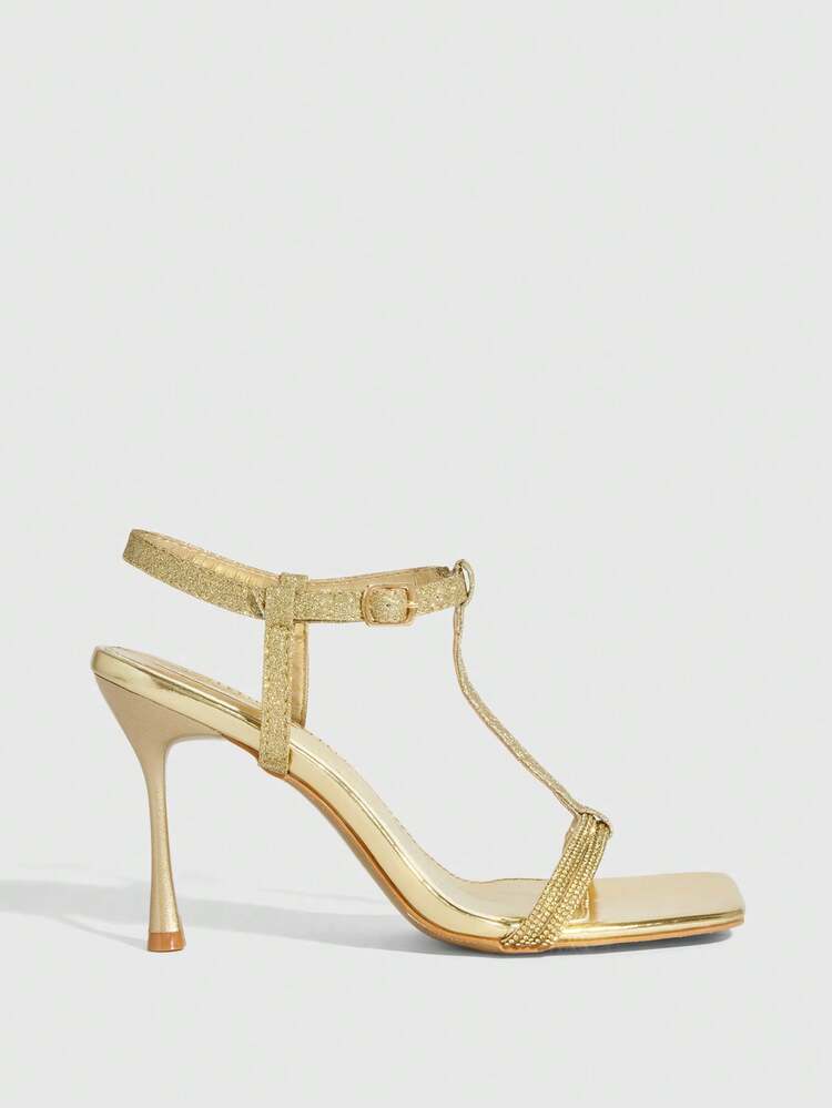 CUCCOO SZL Women's Square Toe Stiletto High Heel Shoes, Sexy Fashion Rhinestone Chain Ankle Strap, Suitable For Dress, Party, Nightclub Prom Heels