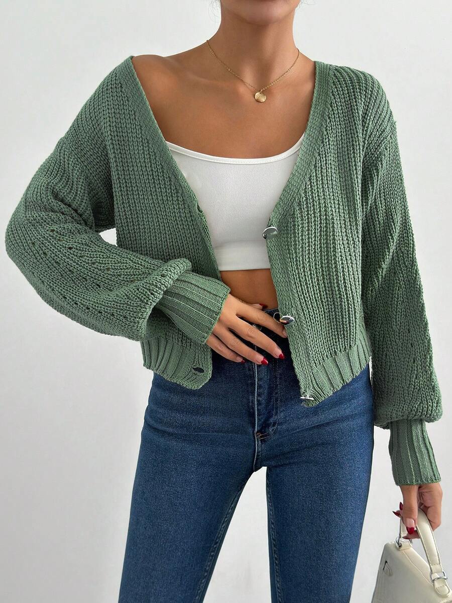 SHEIN Cottnline 1pc Casual Loose Shoulder Solid Color Cardigan, Autumn - Olive Green - View 1