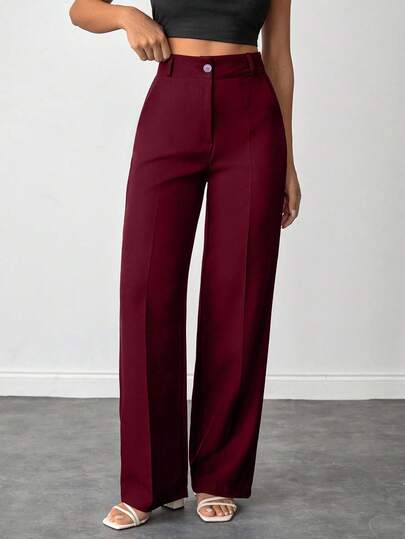 SHEIN Petite Size Women Solid Color High Waist Straight Leg Pants For Everday Wear