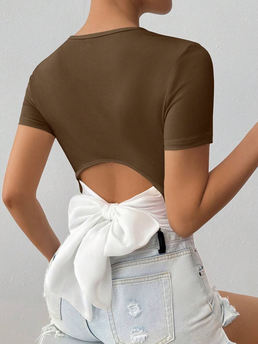 SHEIN Glamour 夏季休闲露背系带短款T恤 - 摩卡棕 - 查看 1