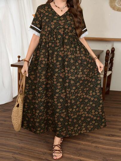 Lacomfia Vestido casual de manga corta y corte evasé con estampado para mujer de talla grande