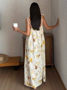 DAZY Vacation Style Abstract Graffiti Print Lace Trim Spaghetti Strap Long Women Nightgown - Apricot - View 2
