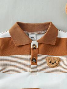 Souflis Souflis 男嬰嬰兒休閒可愛熊刺繡徽章不對稱條紋短袖 Polo 衫與短褲套裝，適合夏季 - 棕色 - 查看 8