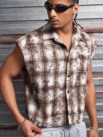 AXEPEAK Men's Street Hip Hop Plaid English Print Sleeveless Shirt Mens Cutoff Shirt Mens Sleeveless Shirts Plaid Button Up Men Cropped Button Up Men Sleeveless Shirt For Men Mens Shirt For Men
