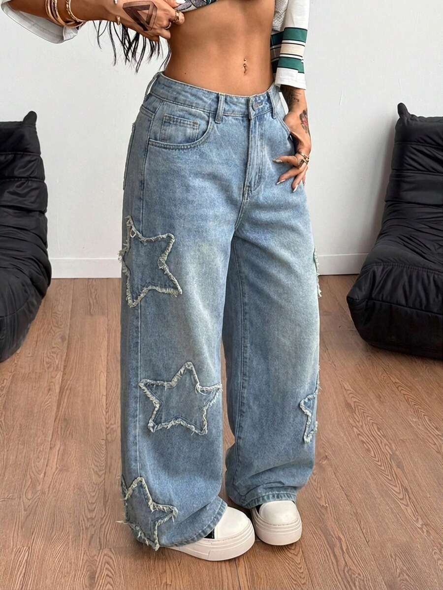 Coolane Quần jeans nữ phong cách thể thao năng động, bụi bặm, họa tiết ngôi sao, bạc màu, kiểu dáng rapper. - Rửa nhẹ - Xem 1
