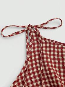 Sweetra Áo camisole dáng ôm, xếp ly, thắt eo, họa tiết kẻ caro, thời trang mùa hè mới, thanh lịch. - Đỏ - Xem 8