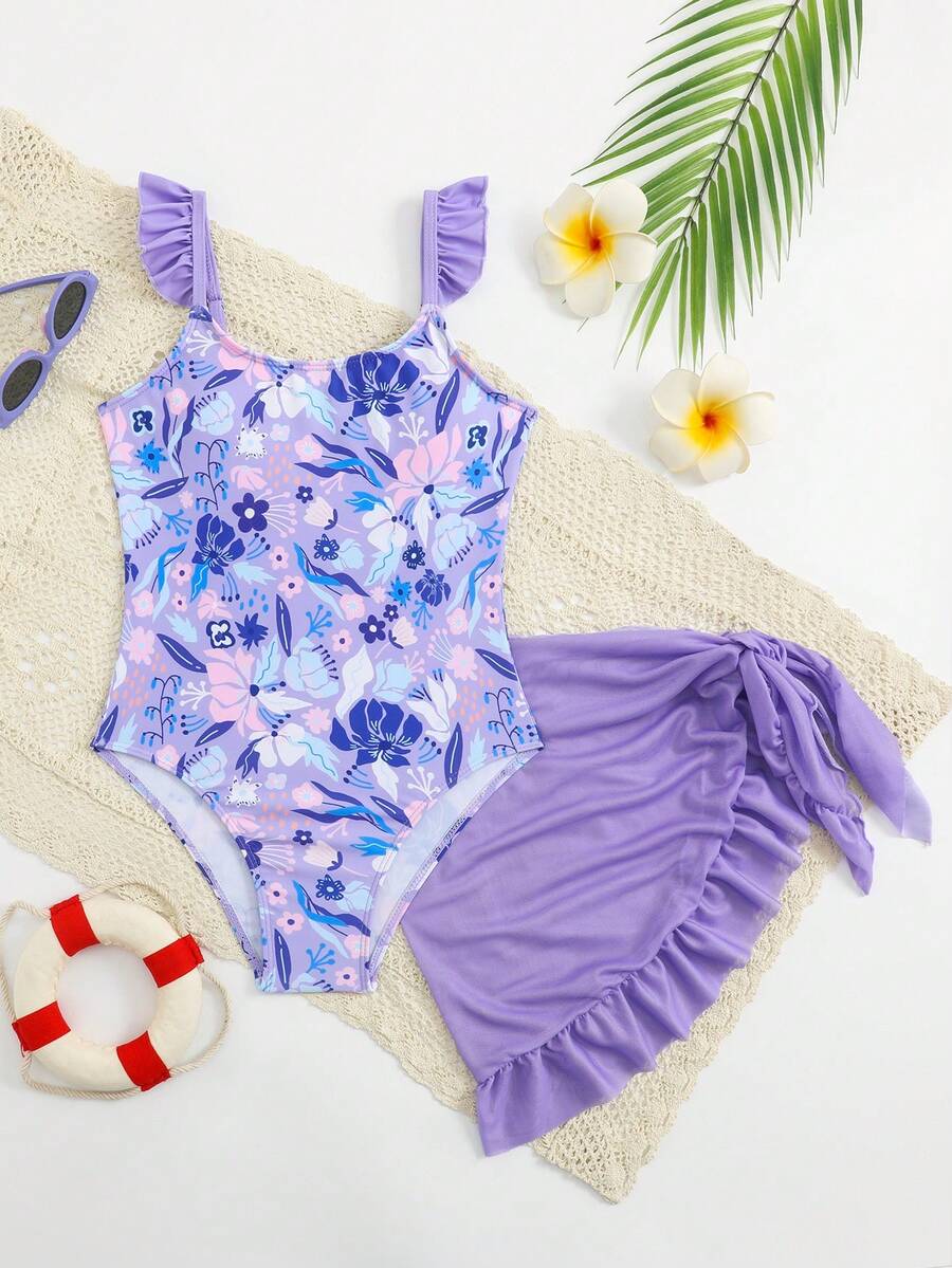 SHEIN 少女碎花荷叶袖连体泳衣,适合度假、海滩、泳池派对和沙滩派对。 - 紫色 - 查看 1