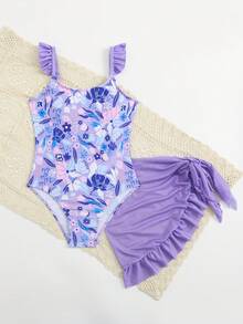 SHEIN 少女碎花荷叶袖连体泳衣，适合度假、海滩、泳池派对和沙滩派对。 - 紫色 - 查看 3
