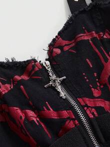 ROMWE Áo vest denim bó sát in hình ngôi sao năm cánh kiểu Gothic, đính đinh tán kim loại và khoen cài. - màu đen - Xem 3
