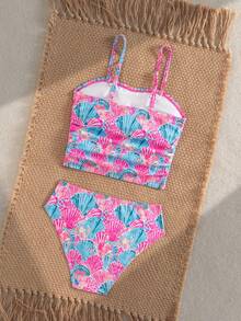 SHEIN 少女两件式吊带泳衣，可爱海洋生物印花，吊带上衣和泳裤，适合旅行、海滩、夏季穿着 - 彩色 - 查看 2