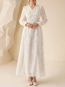 Modelyn Elegant Romantic Cutout Floral Chiffon V-Neck Dress - Beige - View 4