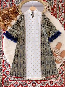 Youth Girls Royal Blue Vacation Dress Long Length A Line With Geometric Pattern Three Quarter Sleeves Notched Neck And Button Front - Royal Blue - View 8